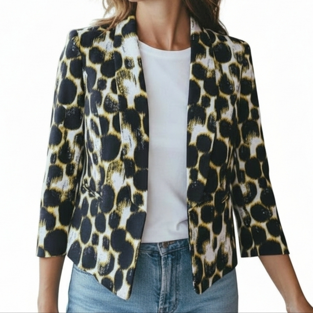 Kasper Blazer Size 4 Black White Yellow Geometric Hook Eye Pockets Lightweight